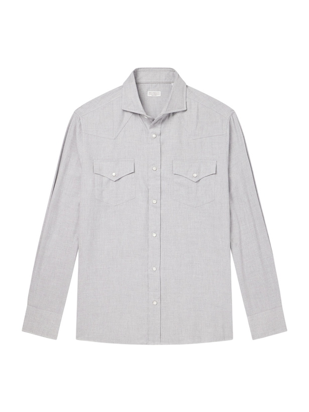 Photo: Brunello Cucinelli - Cotton-Flannel Western Shirt - Gray