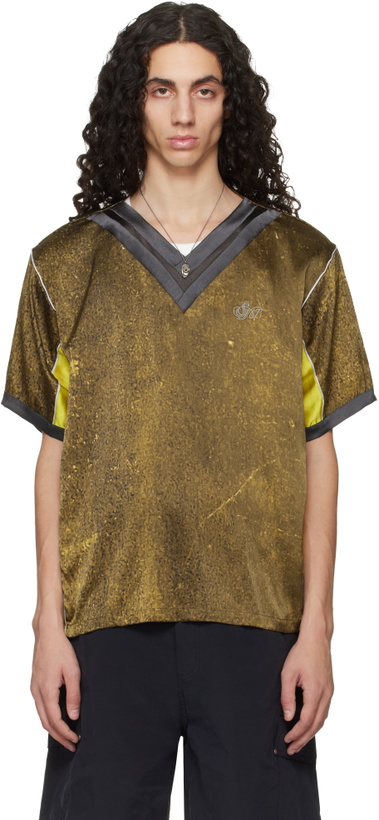 Photo: Serapis Khaki Satin Silk Double V-Neck Short Sleeve T-shirt