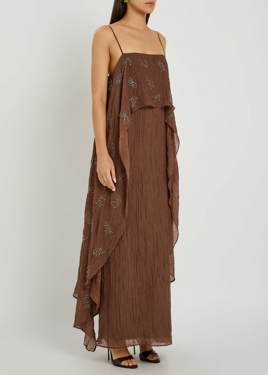 Staud Valencia Bead-embellished Crinkled Plissé Midi Dress Brown
