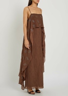 Staud Valencia Bead-embellished Crinkled Plissé Midi Dress Brown
