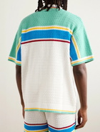 Casablanca - Camp-Collar Logo-Appliquéd Striped Open-Knit Stretch-Cotton Shirt - White