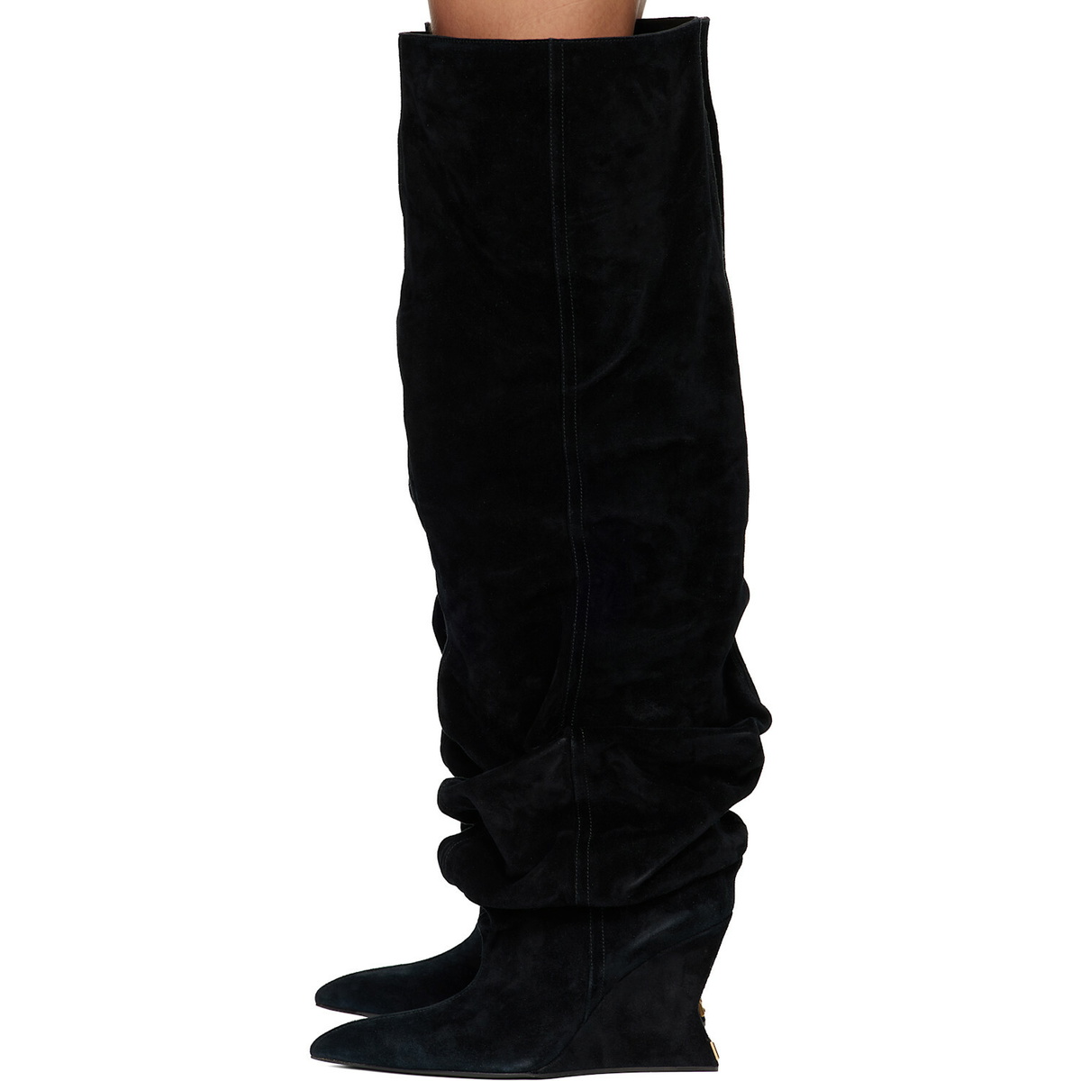 BALMAIN Black Suede Leather Wedge Thigh-High Boots