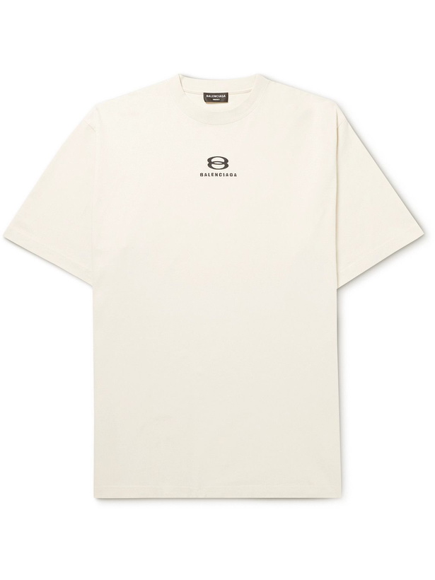 Photo: Balenciaga - Oversized Logo-Embroidered Cotton-Jersey T-Shirt - Neutrals