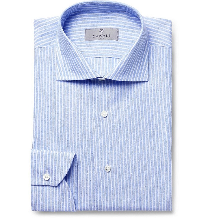 Photo: Canali - Blue Slim-Fit Pinstriped Linen Shirt - Blue
