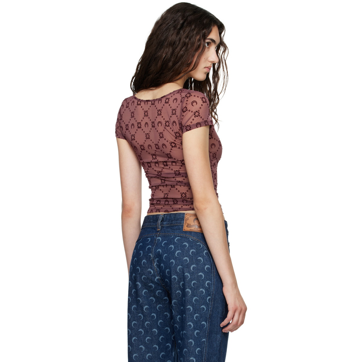Marine Serre Burgundy Moonogram Mesh Flock T-shirt