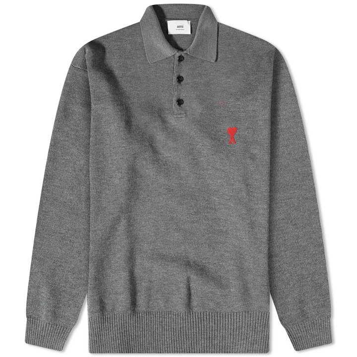 Photo: AMI Men's Heart Long Sleeve Knitted Polo Shirt in Heather Grey