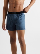 TOM FORD - Velvet-Trimmed Stretch-Silk Satin Boxer Shorts - Blue