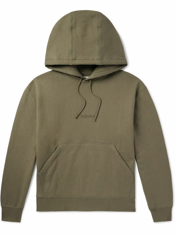 Photo: SAINT LAURENT - Logo-Embroidered Cotton-Jersey Hoodie - Green