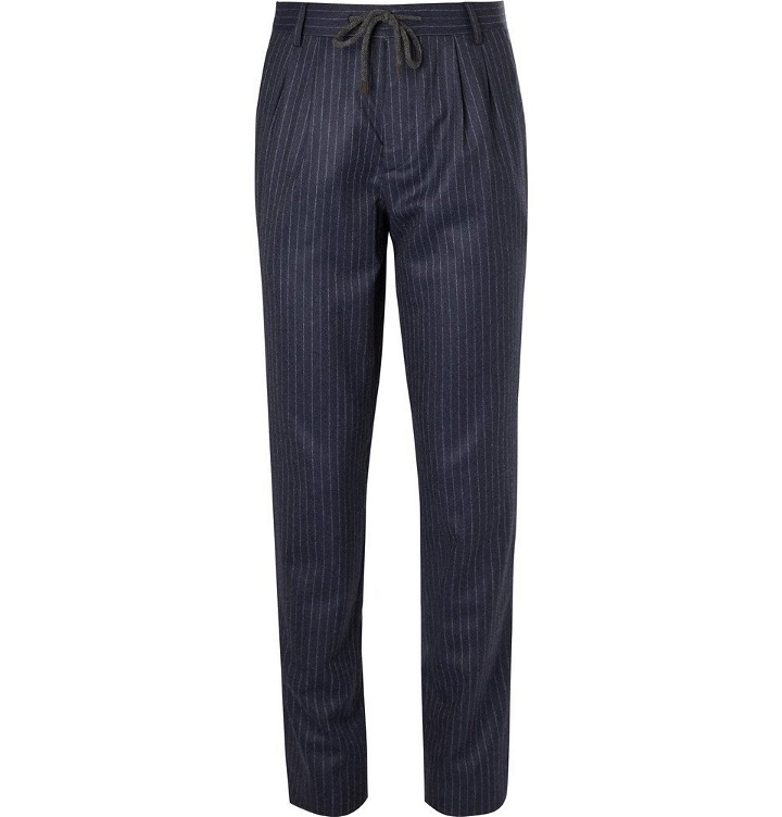 Photo: Brunello Cucinelli - Navy Chalk-Striped Wool Drawstring Suit Trousers - Men - Navy
