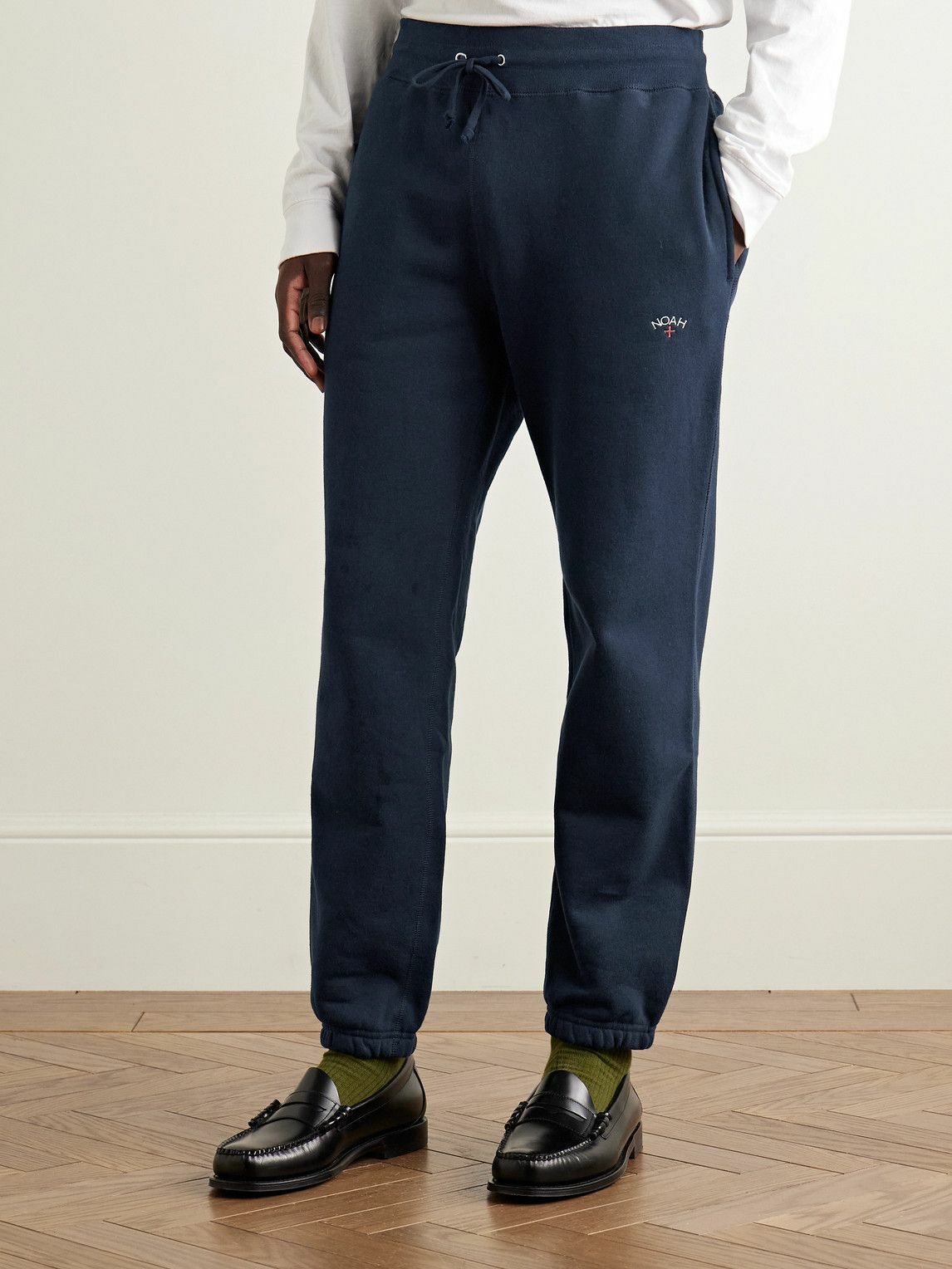 Noah - Core Tapered Logo-Embroidered Cotton-Jersey Sweatpants - Blue