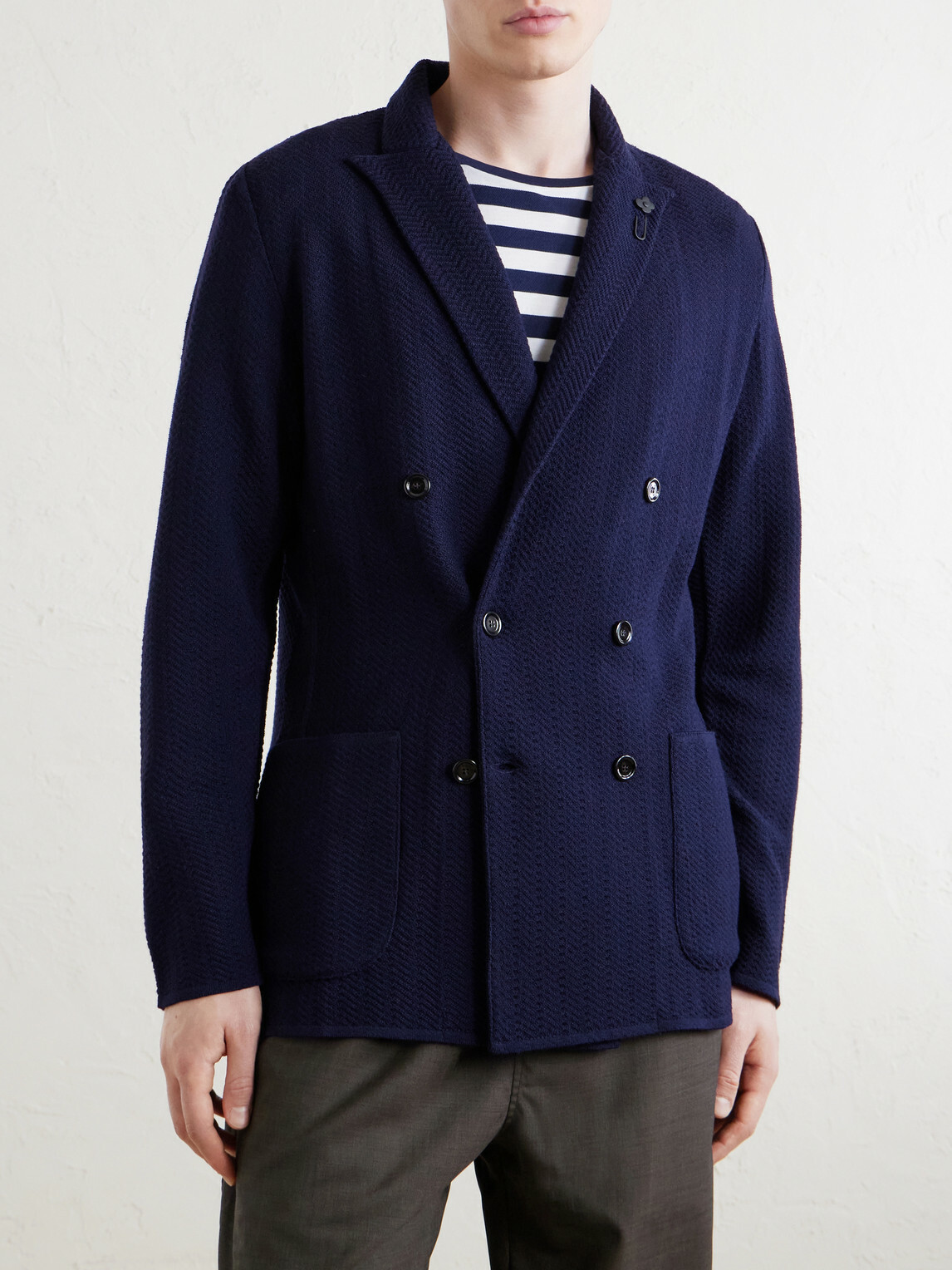 Lardini - Double-Breasted Knitted Virgin Wool Blazer - Blue