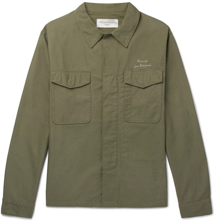 Photo: Officine Generale - Embroidered Slub Cotton Overshirt - Men - Green