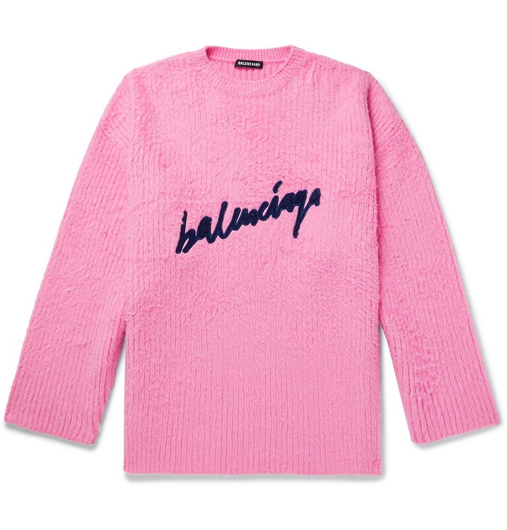 Photo: Balenciaga - Oversized Logo-Embroidered Brushed Cotton-Blend Sweater - Pink