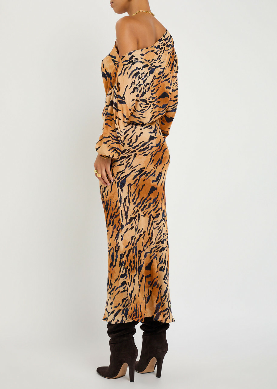 Never Fully Dressed Tilly Tiger-print Chiffon Midi Dress Brown