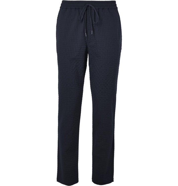 Photo: Barena - Navy Tapered Wool-Blend Seersucker Drawstring Trousers - Blue