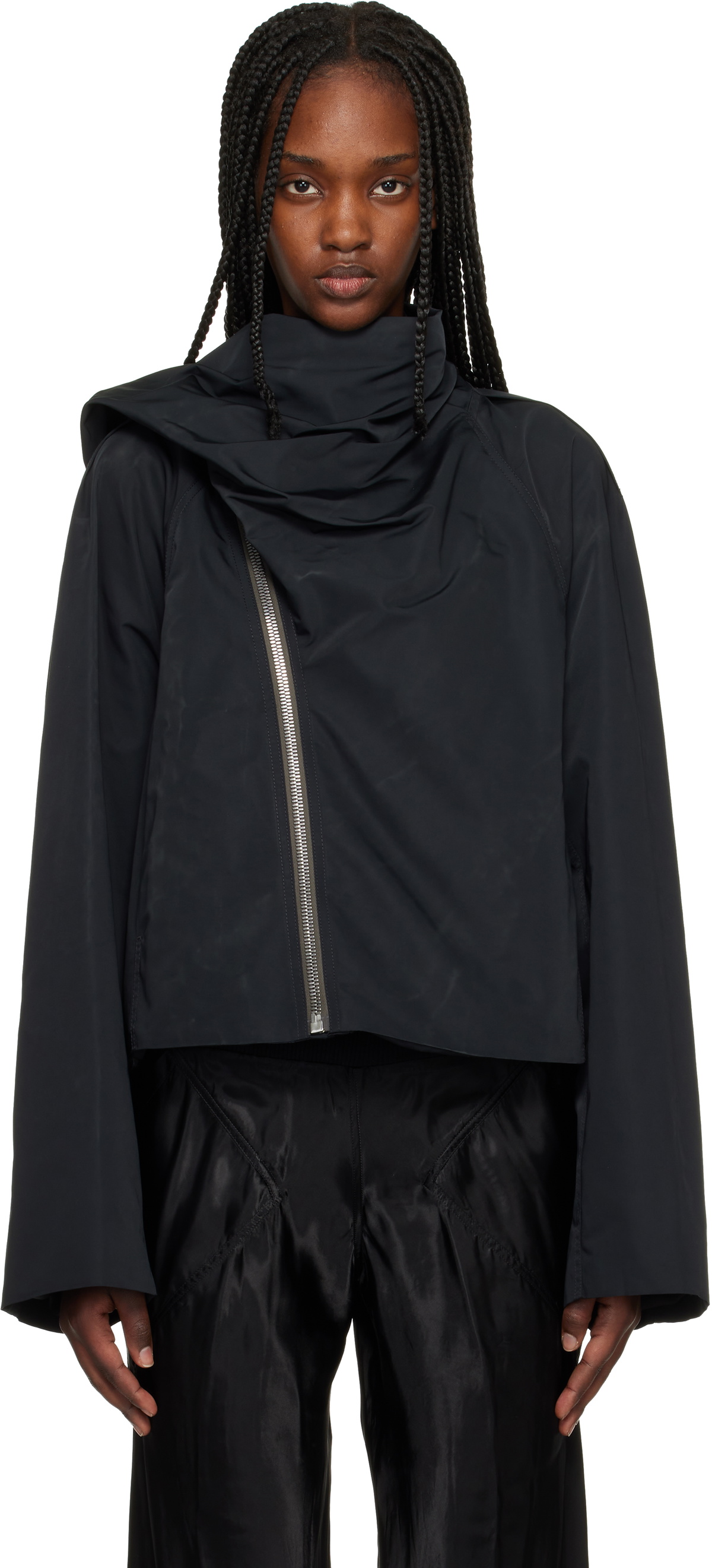 Rick Owens Black Temple Cropped Scarf Flight Jacket