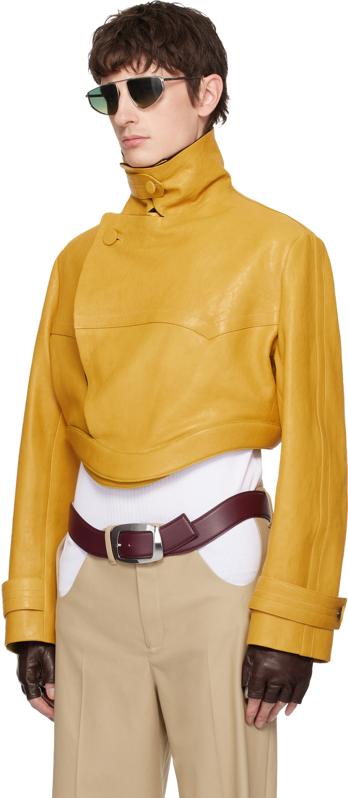 Jean Paul Gaultier Yellow Curved Waistband Leather Jacket