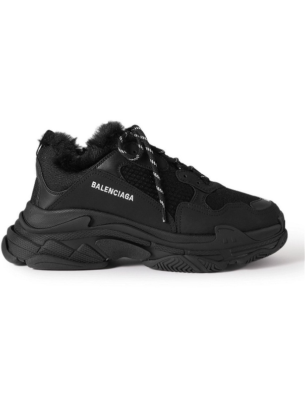 Photo: Balenciaga - Triple S Faux Fur-Trimmed Mesh and Faux Leather Sneakers - Black