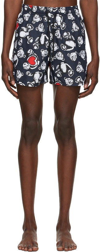 Photo: Palm Angels Navy Bear In Love Swim Shorts
