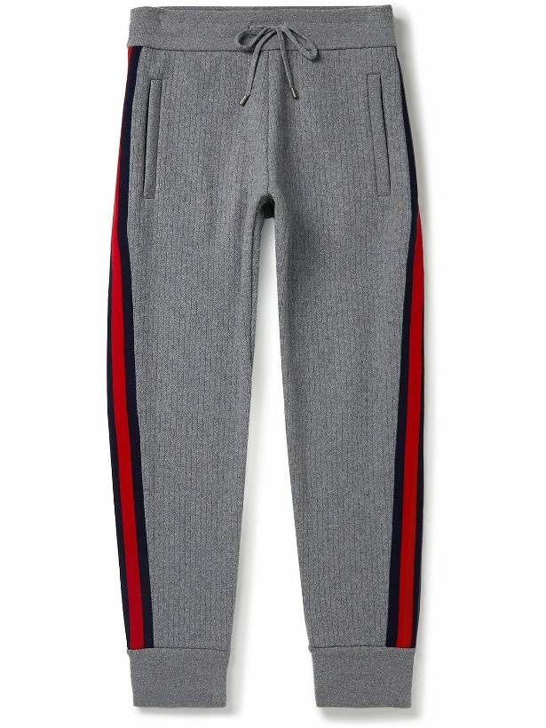 Photo: GUCCI - Tapered Webbing-Trimmed Ribbed Wool and Cashmere-Blend Sweatpants - Gray