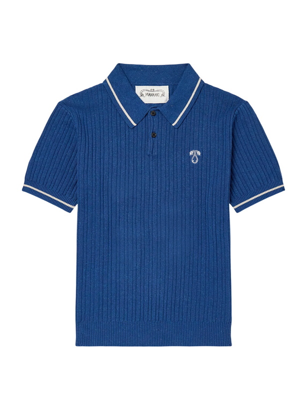Photo: MANAAKI - Kaea Embroidered Cotton, Hemp and Silk-Blend Knitted Polo Shirt - Blue