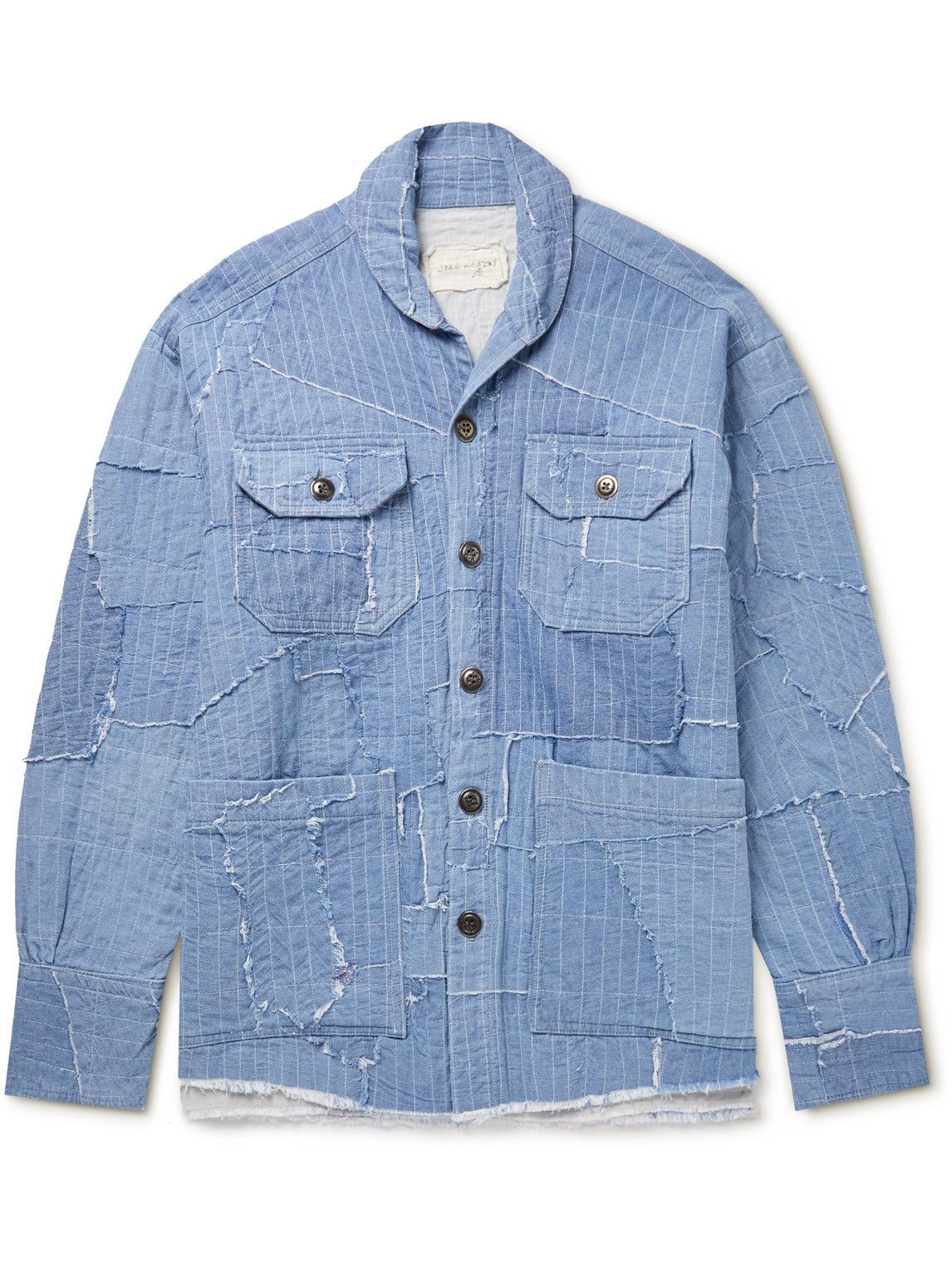 Greg Lauren - Shawl-Collar Distressed Embroidered Cotton-Chambray Jacket -  Blue