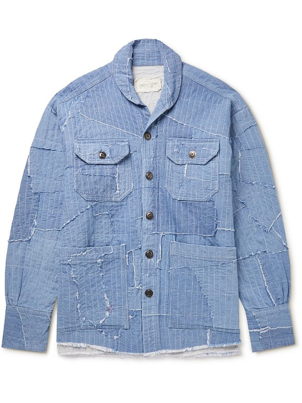 Photo: Greg Lauren - Shawl-Collar Distressed Embroidered Cotton-Chambray Jacket - Blue