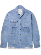 Greg Lauren - Shawl-Collar Distressed Embroidered Cotton-Chambray Jacket - Blue