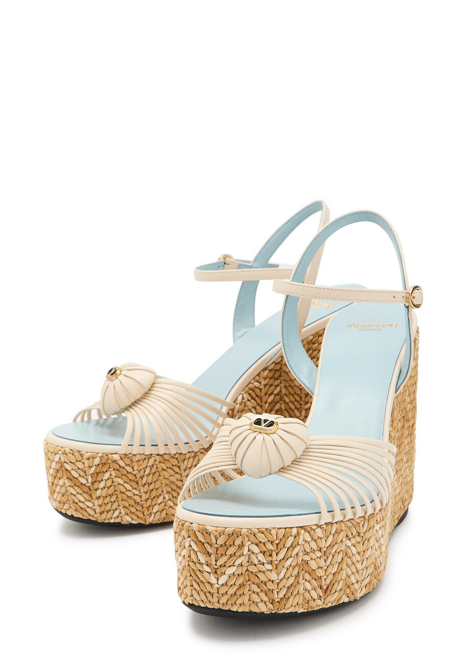 Valentino Garavani Coeur Royal 110 Leather Espadrille Wedge Sandals Cream