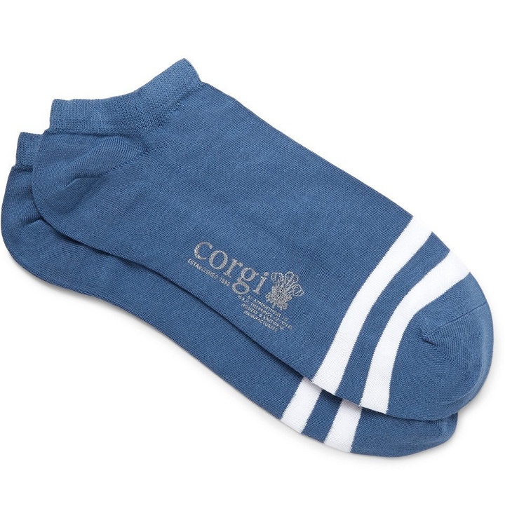 Photo: Corgi - Striped Cotton-Blend No-Show Socks - Blue