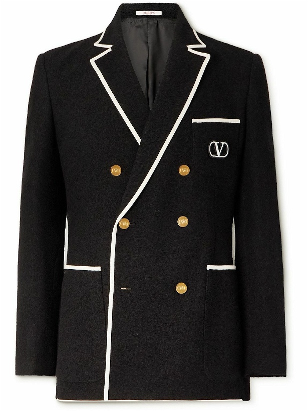 Photo: Valentino - Logo-Embroidered Double-Breasted Wool-Blend Bouclé Blazer - Black