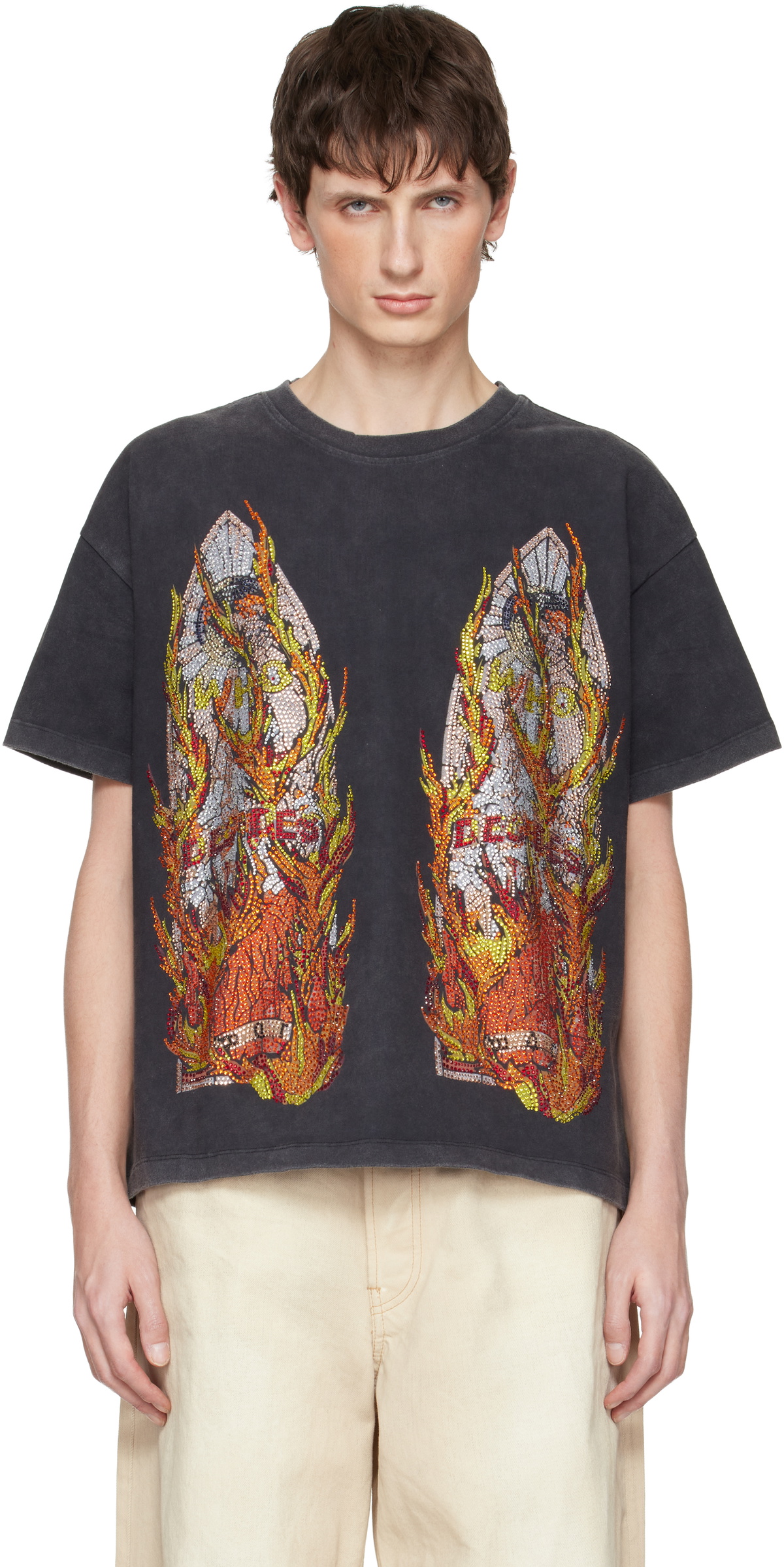 Who Decides War Black Rhinestone Flame Glass T-shirt