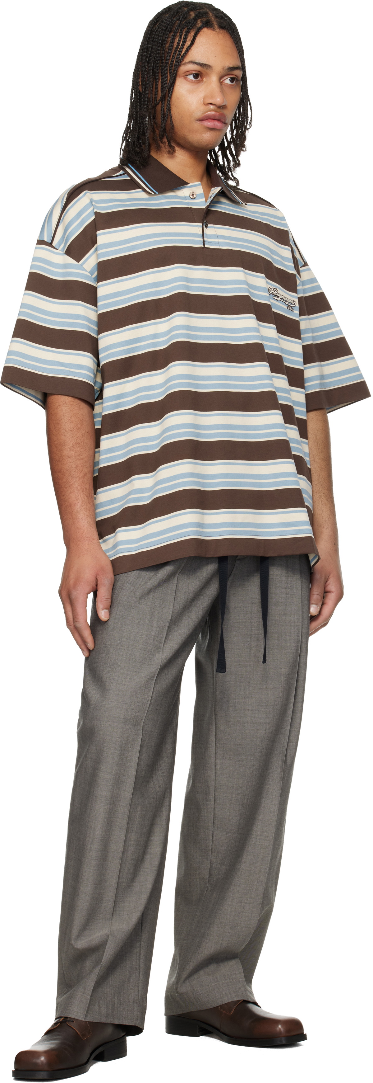 WOOYOUNGMI Brown & Blue Striped Polo