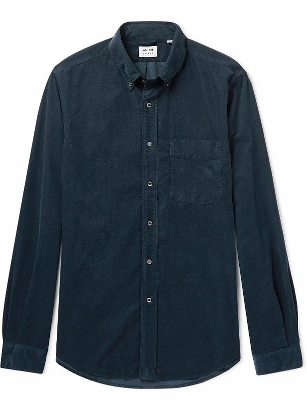 Photo: Aspesi - Button-Down Collar Garment-Dyed Cotton-Corduroy Shirt - Blue