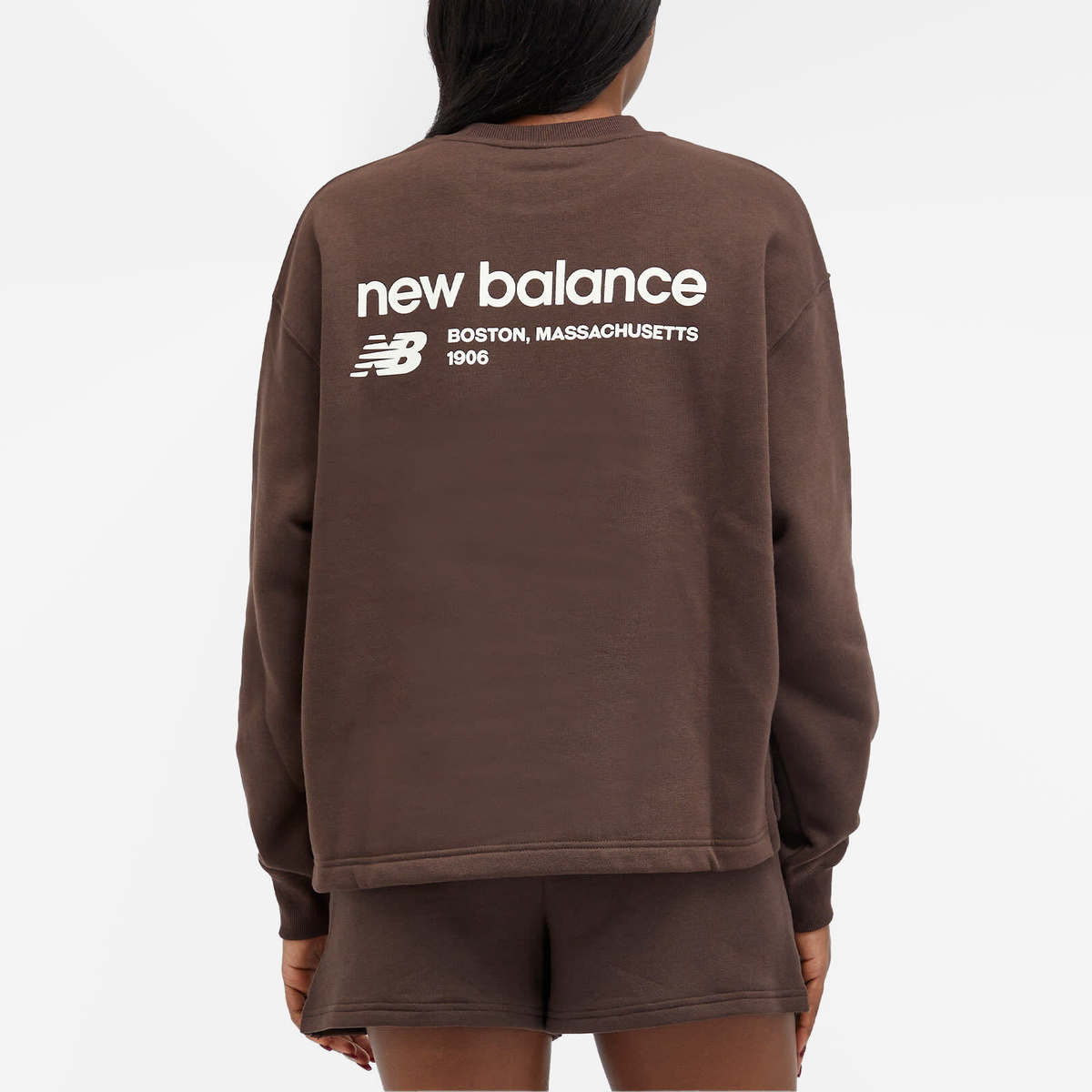 New Balance Women's Linear Heritage Brushed Back Fleece Crewneck in Black Coffee