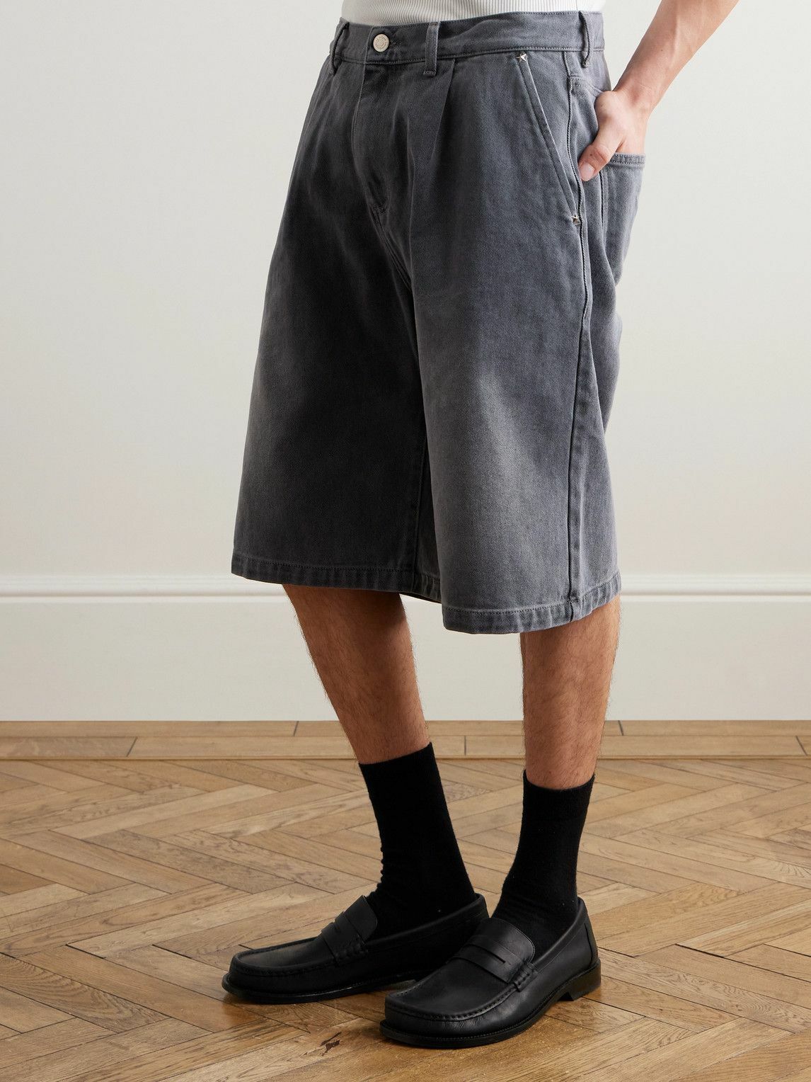 mfpen - Star Rivet Wide-Leg Pleated Organic Denim Shorts - Gray