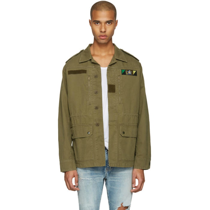 Saint Laurent Embroidered Detail Military Jacket In Green
