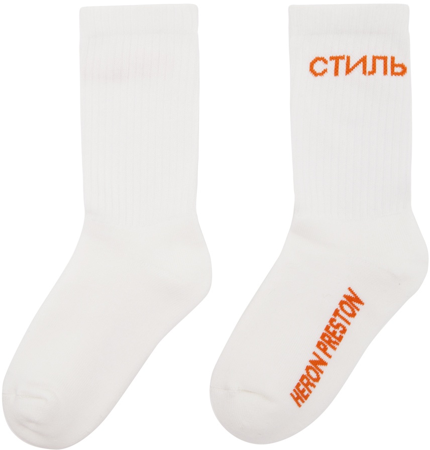 Heron Preston White & Orange Long CTNMB Socks Heron Preston