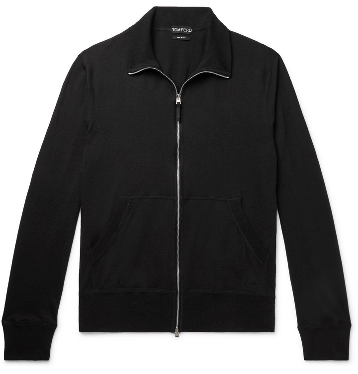 Photo: TOM FORD - Cotton, Silk and Cashmere-Blend Jersey Zip-Up Sweater - Black