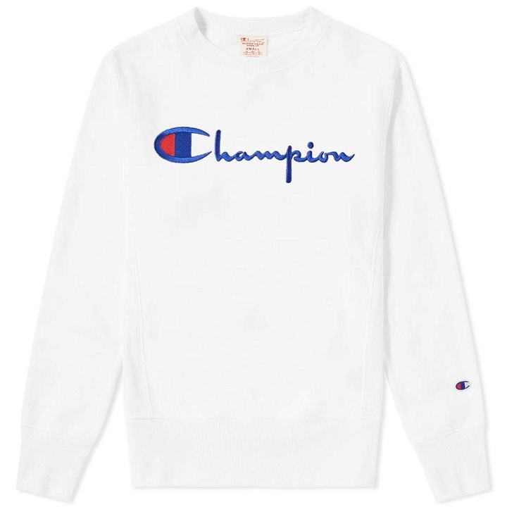 Photo: Champion Reverse Weave Script Logo Crew Sweat White