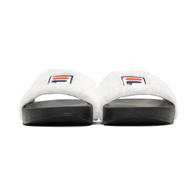 Baja East White and Black Fila Edition Shearling Drifter Slides