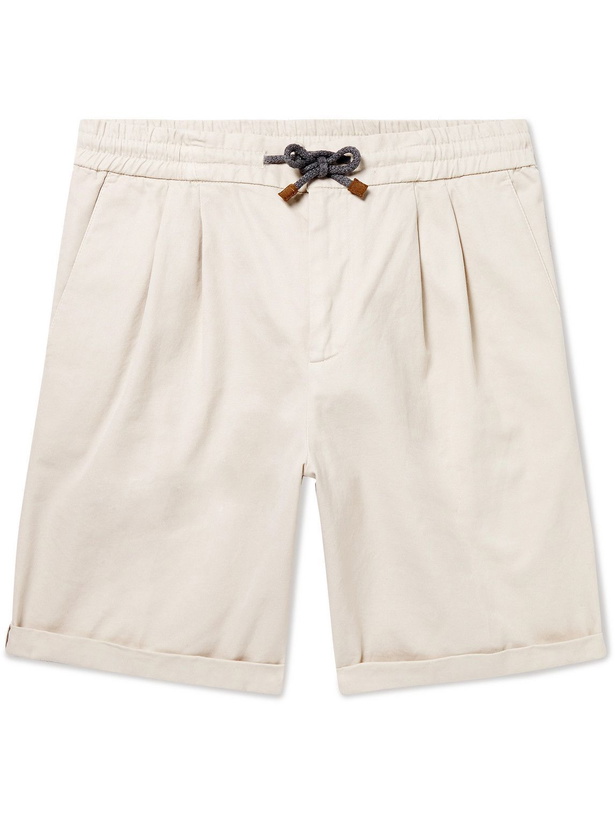 Photo: Brunello Cucinelli - Straight-Leg Pleated Cotton-Twill Drawstring Shorts - Neutrals