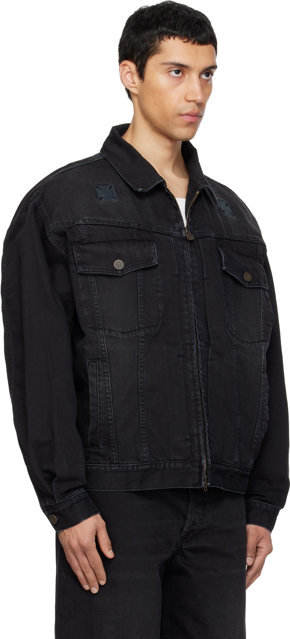 VETEMENTS Black Appliqué Biker Crosses Zip Denim Jacket