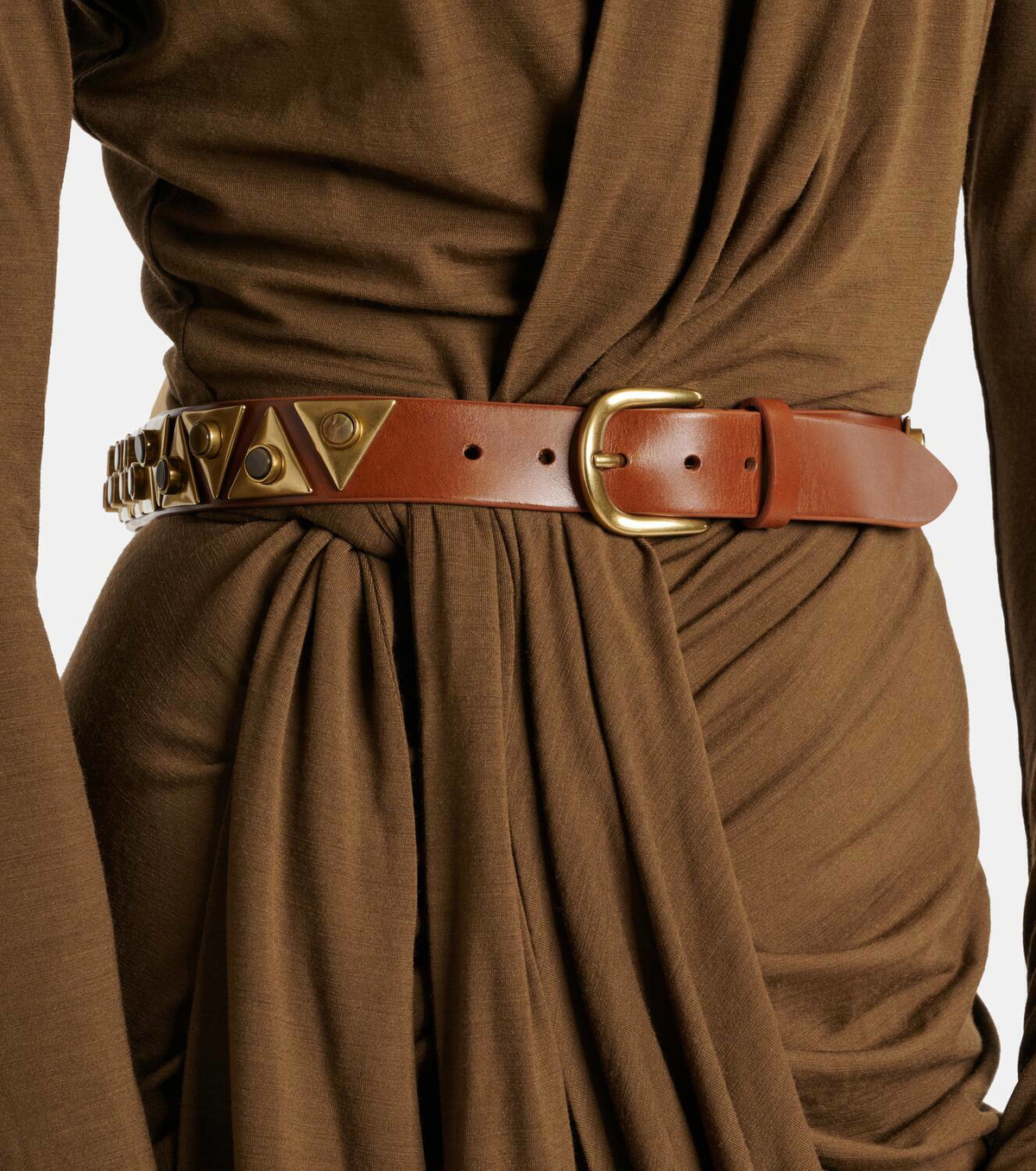 Button-Embellished Brown Belt Women Solid Brown Golden Chain Embellished PU Nylon Snap  main image 2