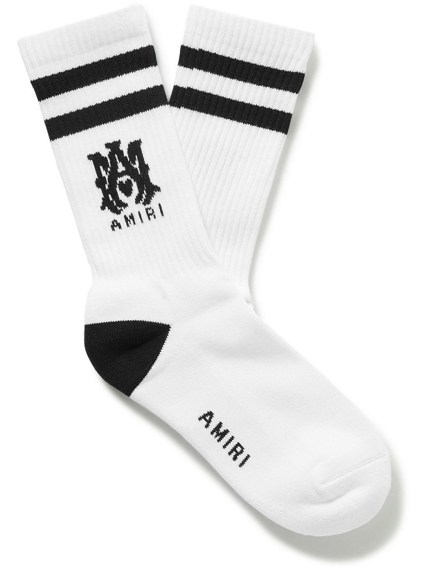 Photo: AMIRI - Logo-Intarsia Ribbed Stretch Cotton-Blend Socks - White