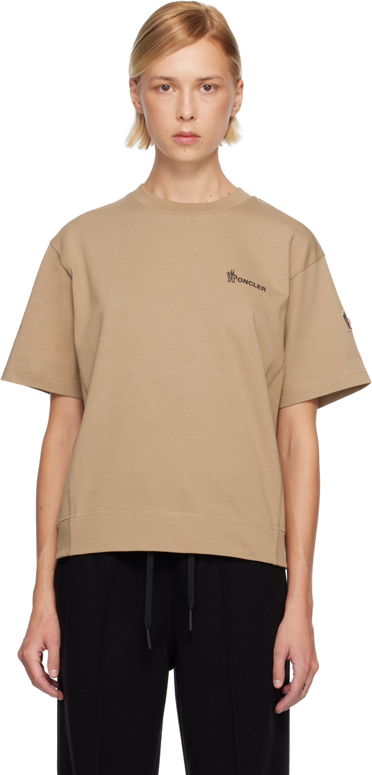 Moncler Grenoble Beige Embossed Logo Cotton T-shirt