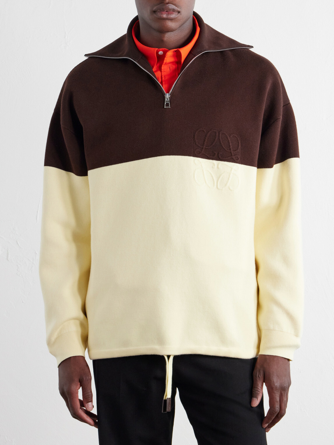 LOEWE - Anagram-Embossed Two-Tone Cotton-Blend Jersey Half-Zip Sweater - Brown