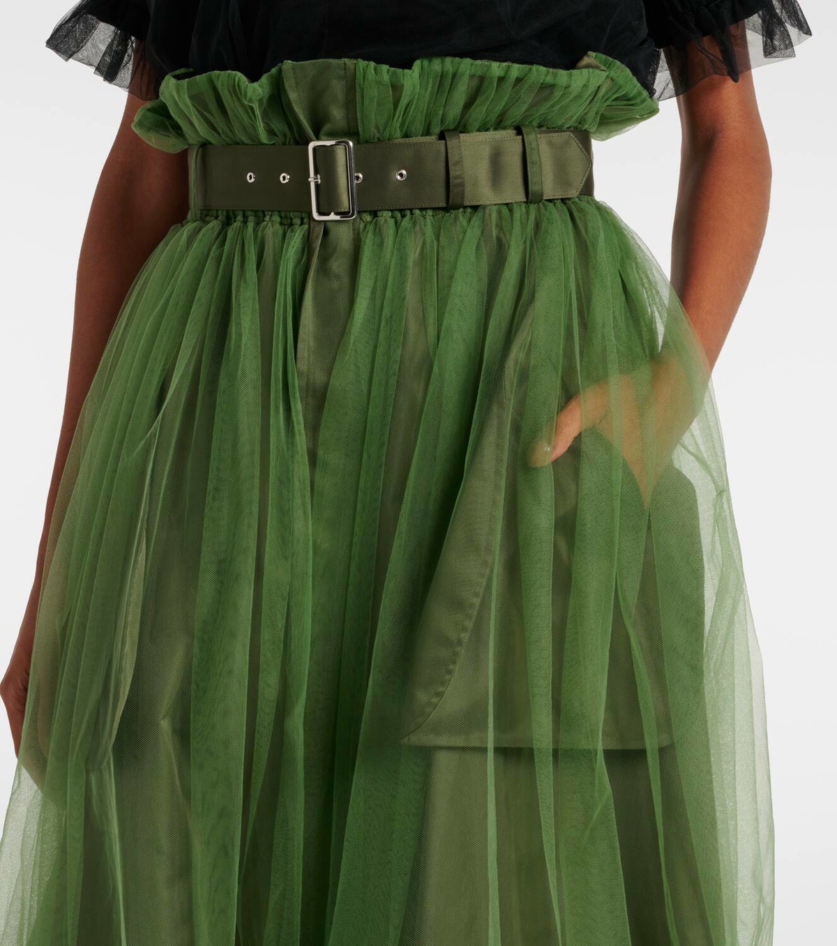 Noir Kei Ninomiya Belted tulle-trimmed twill midi skirt Noir Kei