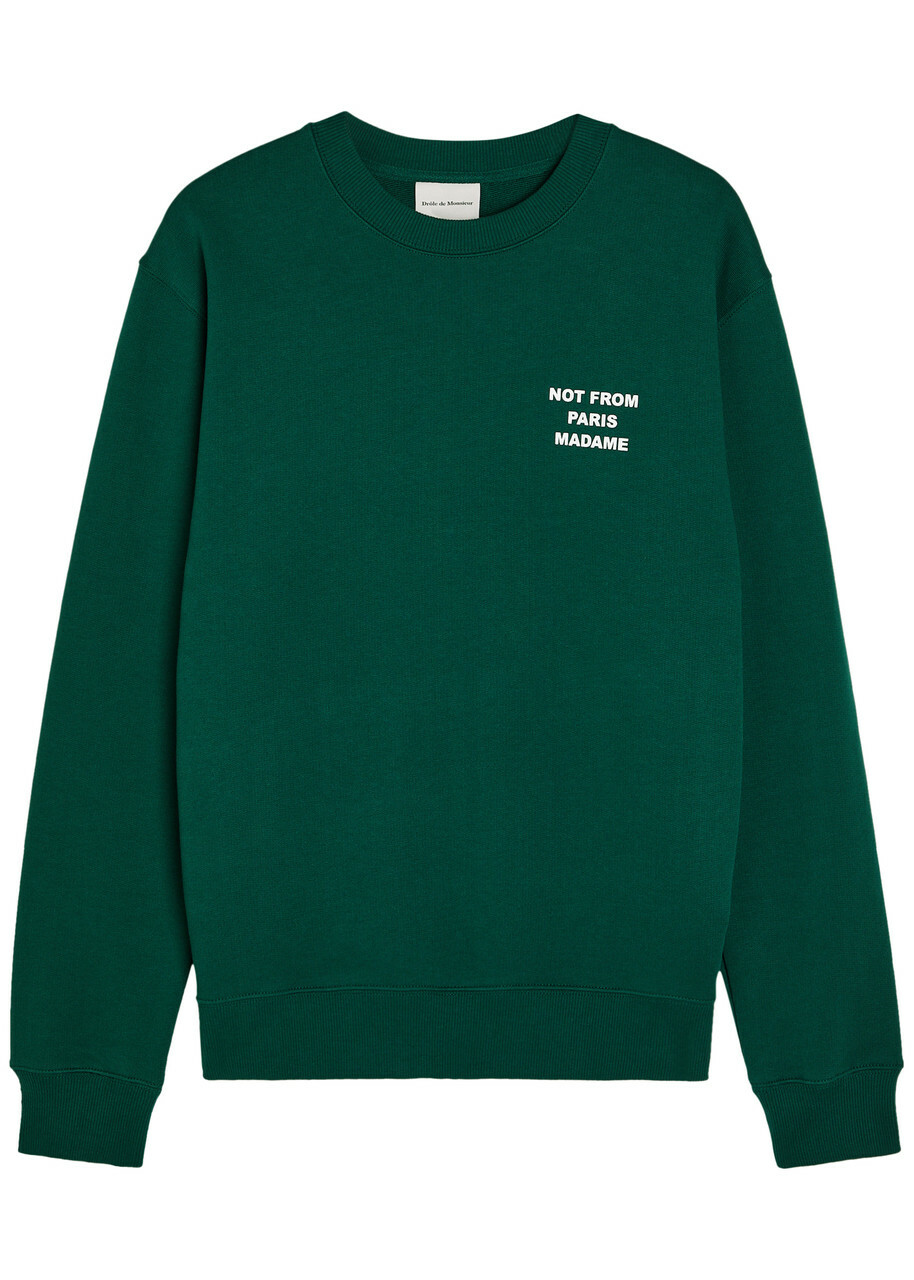 DRÔLE DE Monsieur Le Sweatshirt Slogan Embroidered Cotton Sweatshirt Dark Green
