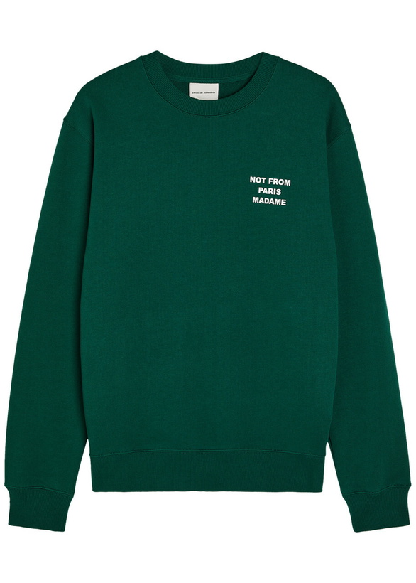 Photo: DRÔLE DE Monsieur Le Sweatshirt Slogan Embroidered Cotton Sweatshirt Dark Green